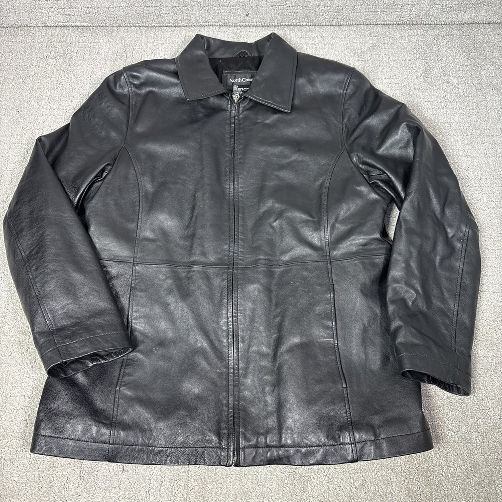 Vintage NorthCrest Black Leather Jacket Coat Women Sz L Quilted Liner Full Zip